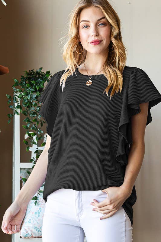 Ribbed Ruffle Sleeve Top