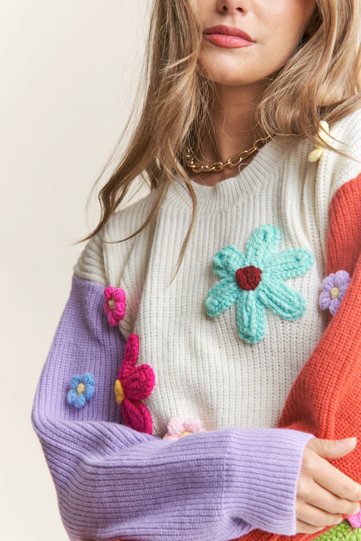 Cute Colorblock Floral Sweater