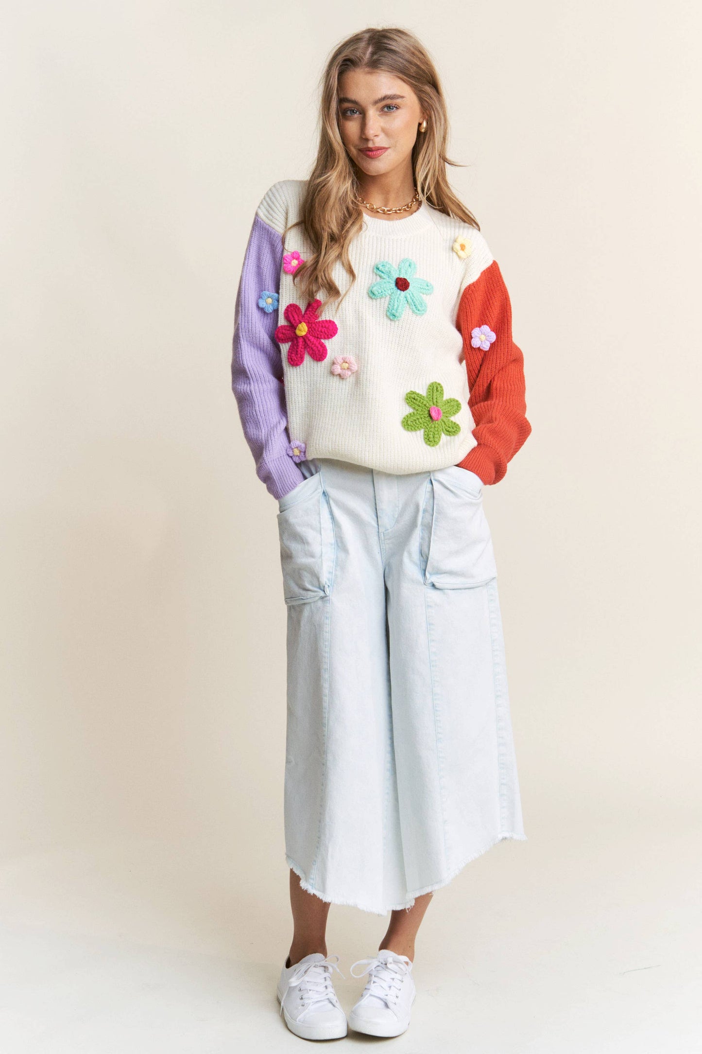 Cute Colorblock Floral Sweater