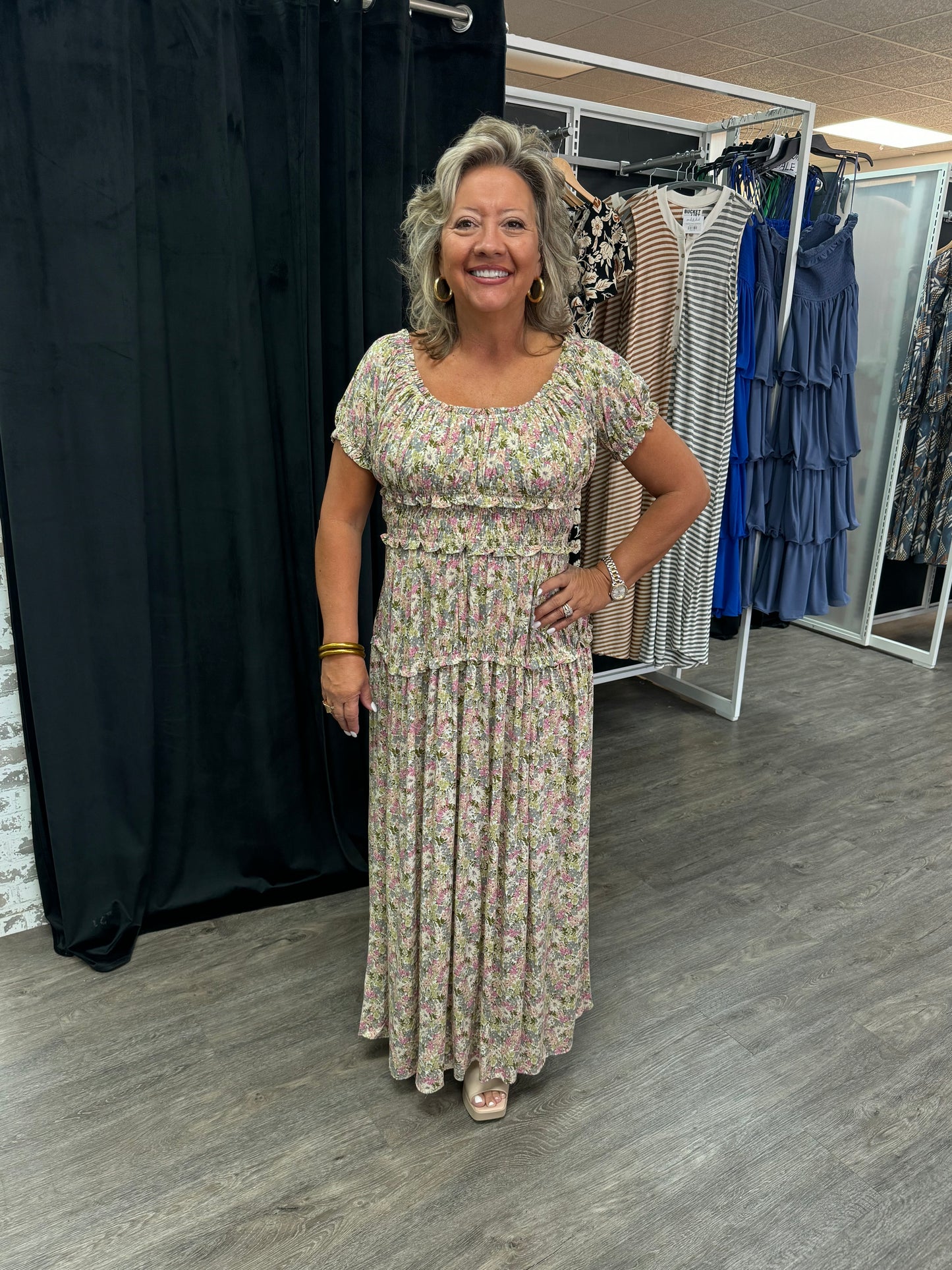 Sage Floral Smocked Maxi Dress