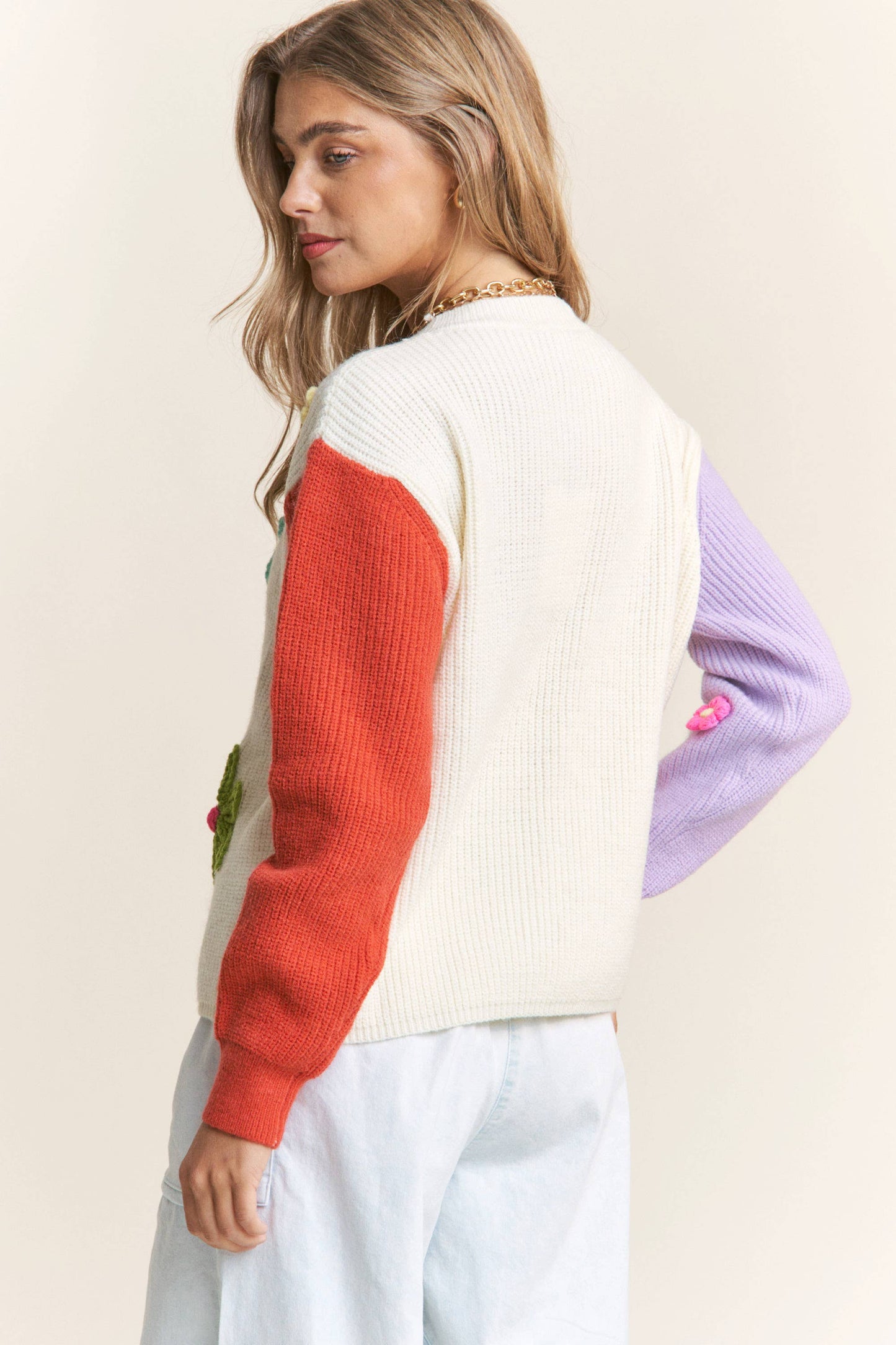 Cute Colorblock Floral Sweater