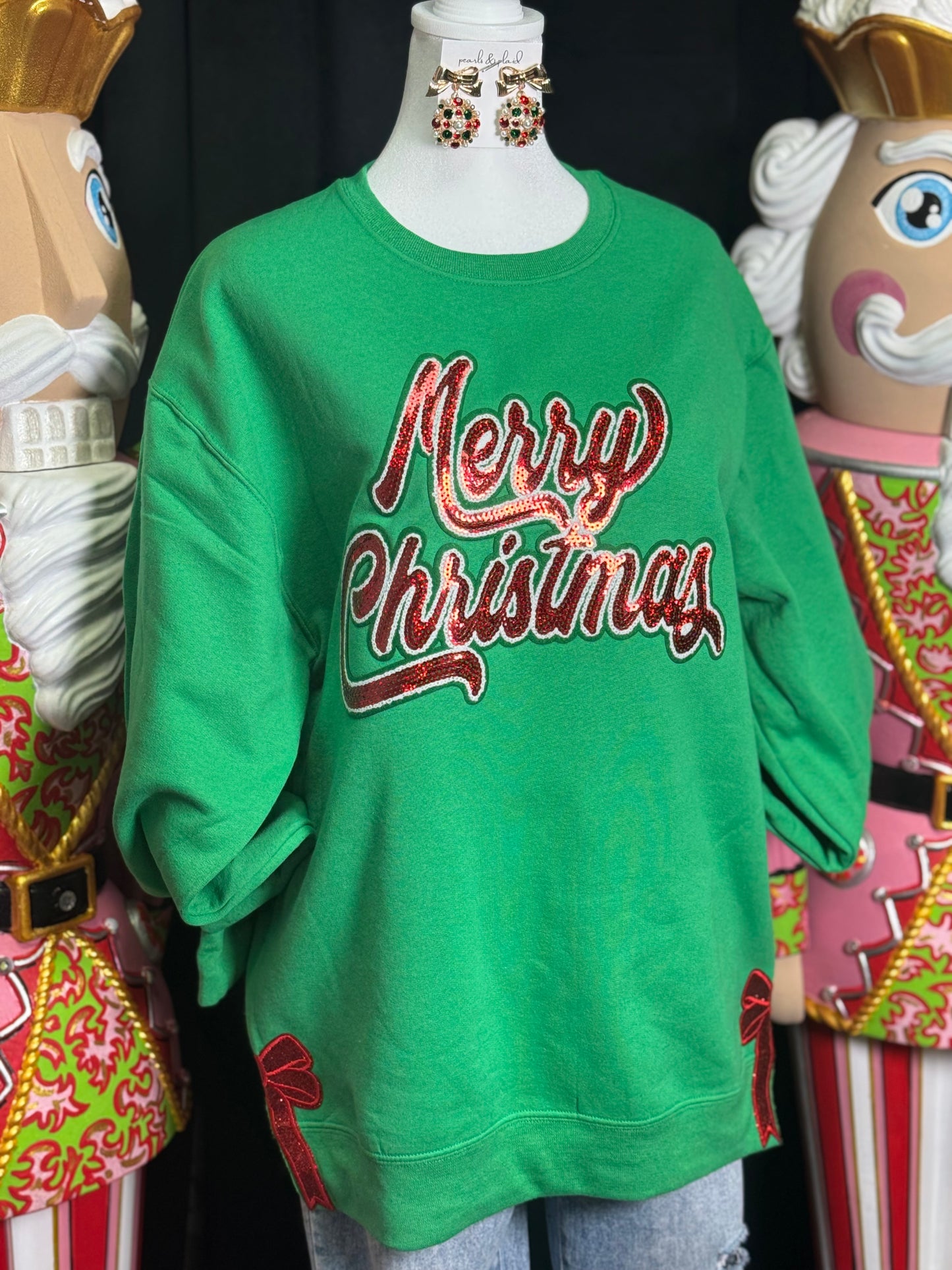 “Merry Christmas” Patch & Bows Sweatshirt: DOORBUSTER