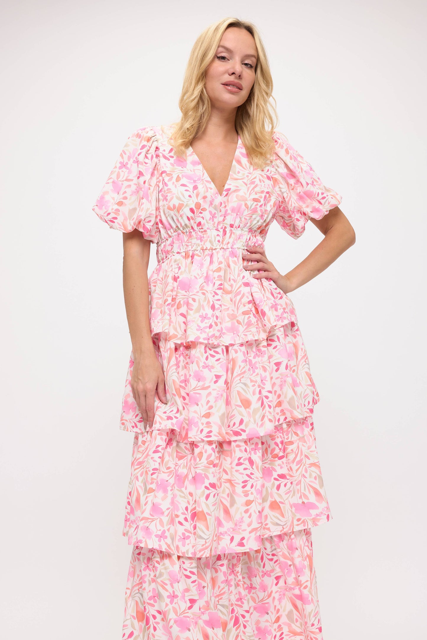Pink Floral Tiered Maxi Dress