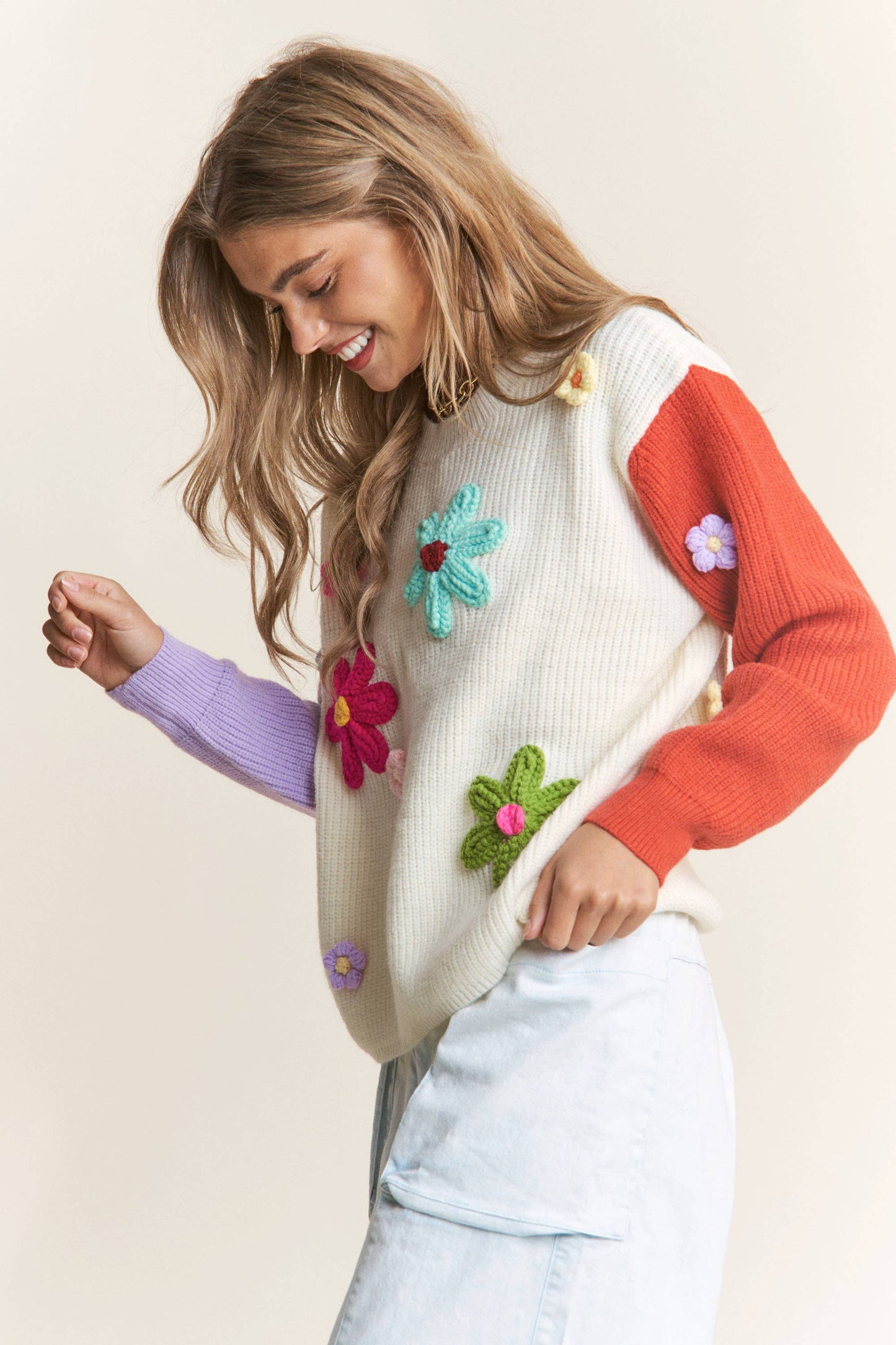 Cute Colorblock Floral Sweater