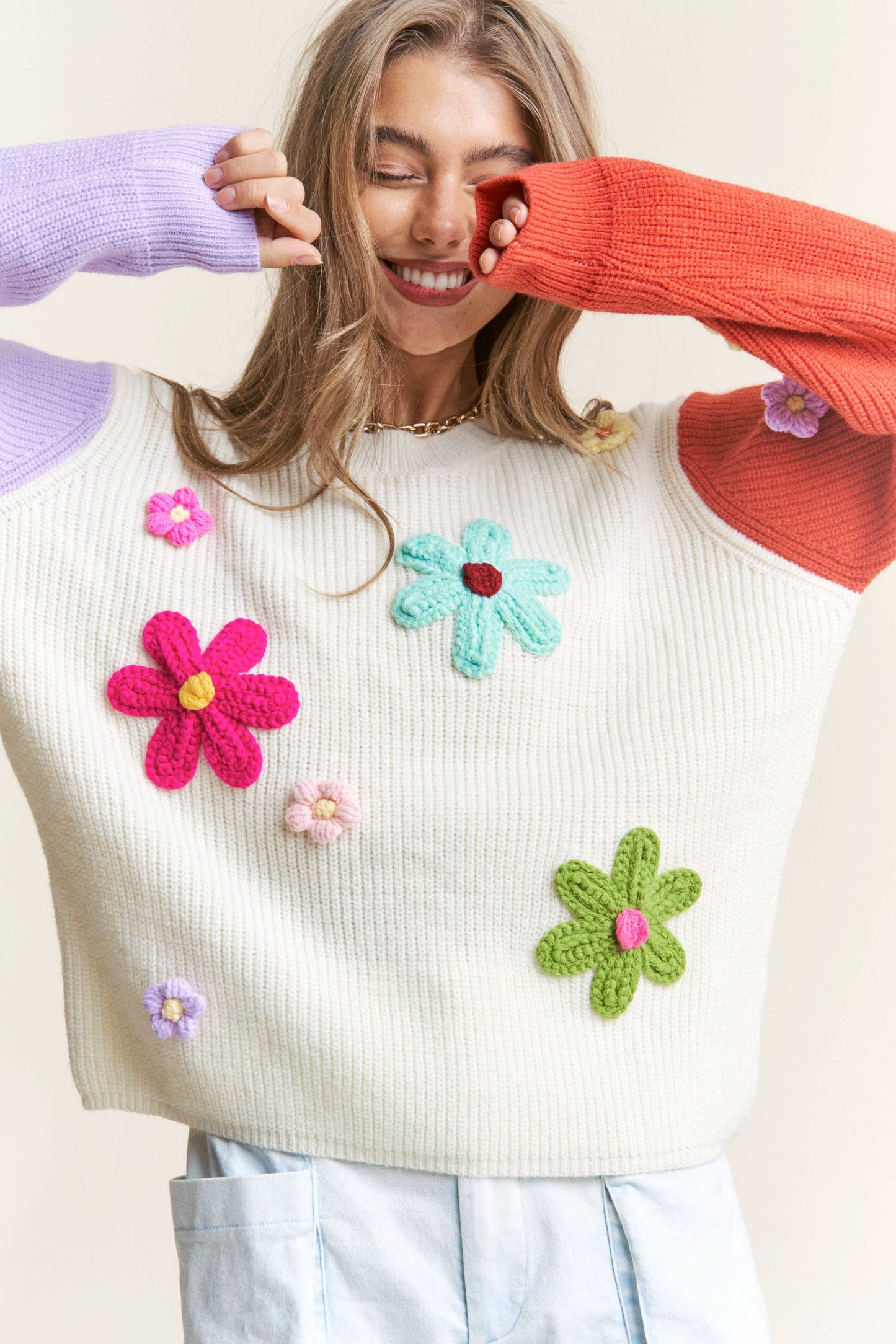 Cute Colorblock Floral Sweater