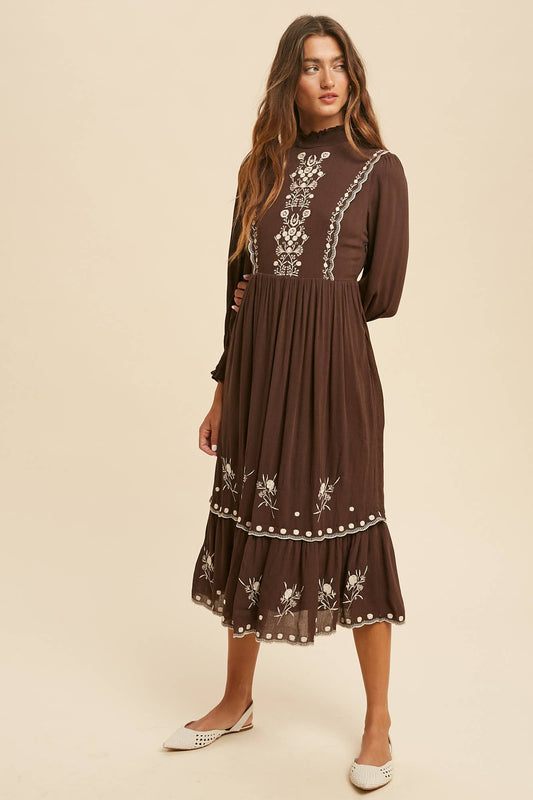 Chocolate Embroidered Floral Dress