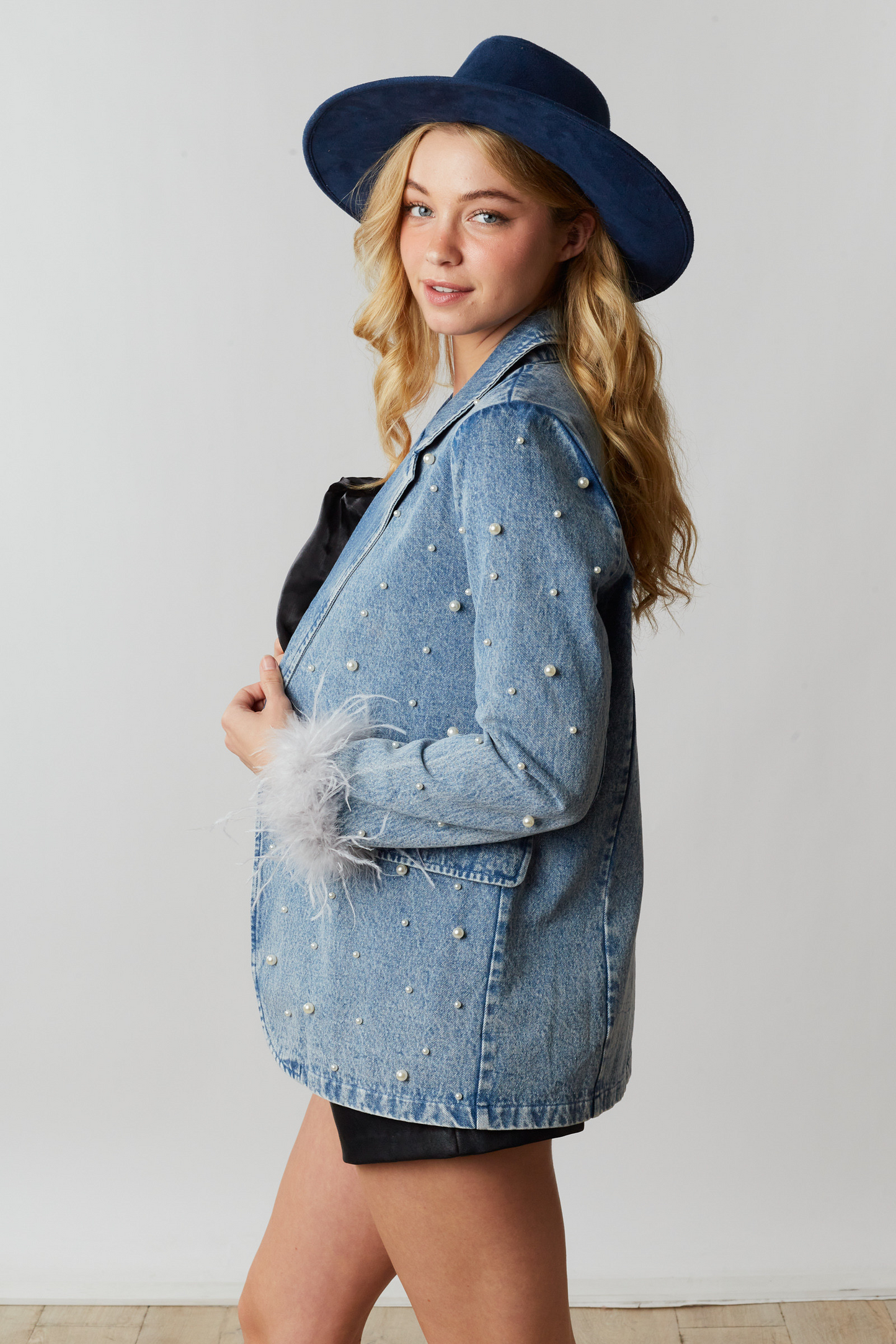 Posh Pearl Denim Blazer