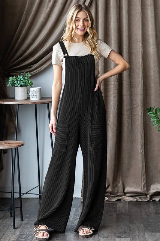 Black Ribbed Overall Jumpsuit