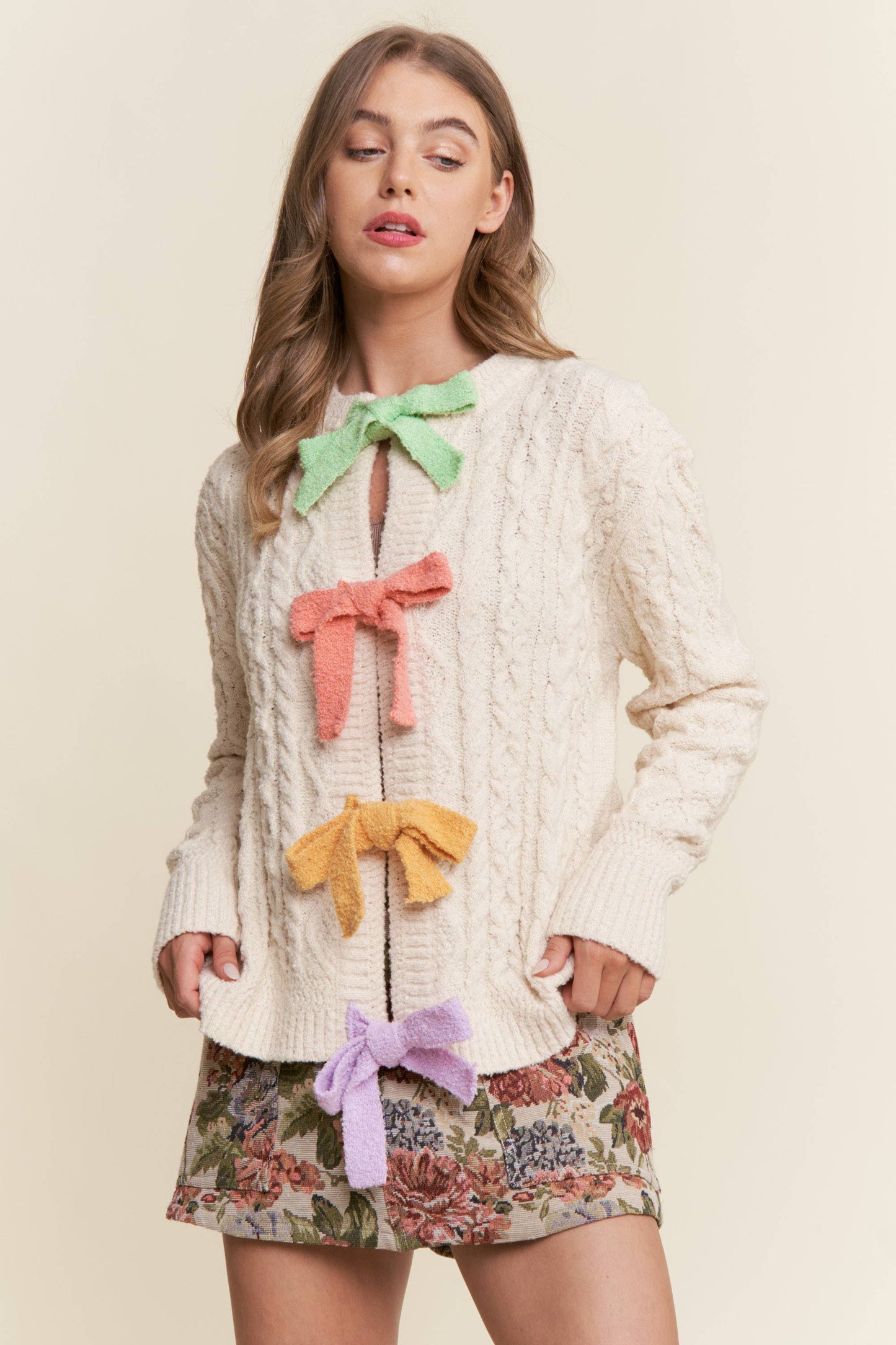 Multicolor Bow Cable Knit Cardigan