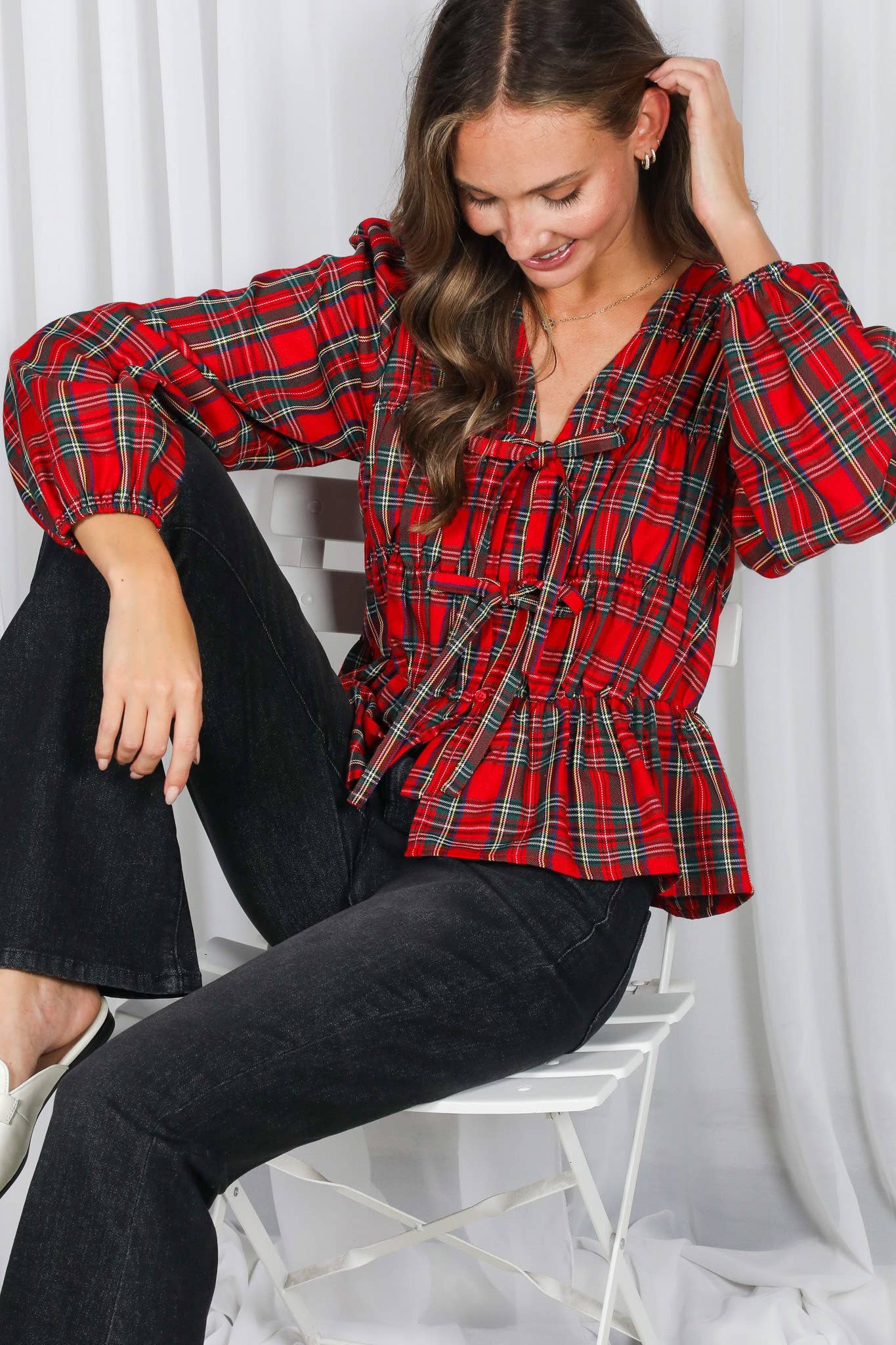 Tartan Tie Blouse Top