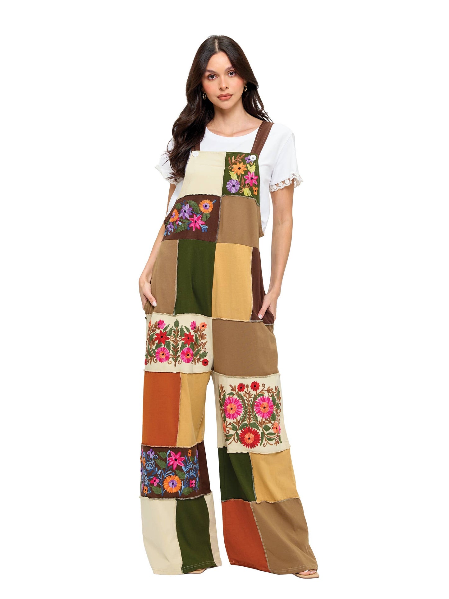 Floral Embroidered Patchwork Overalls