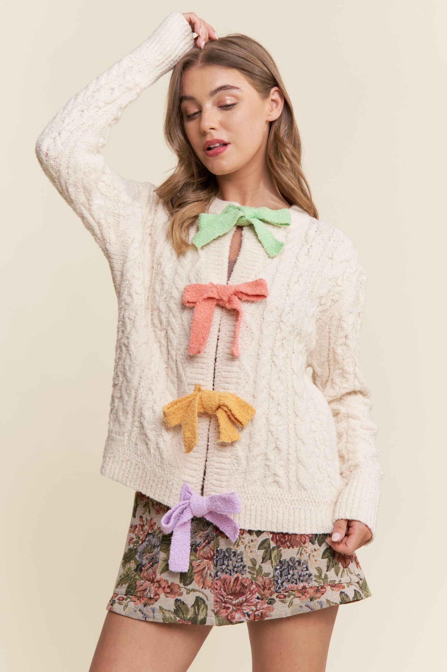 Multicolor Bow Cable Knit Cardigan