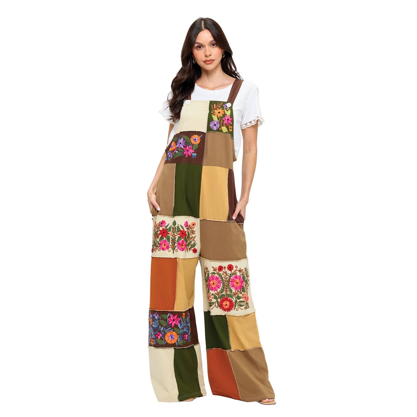 Floral Embroidered Patchwork Overalls
