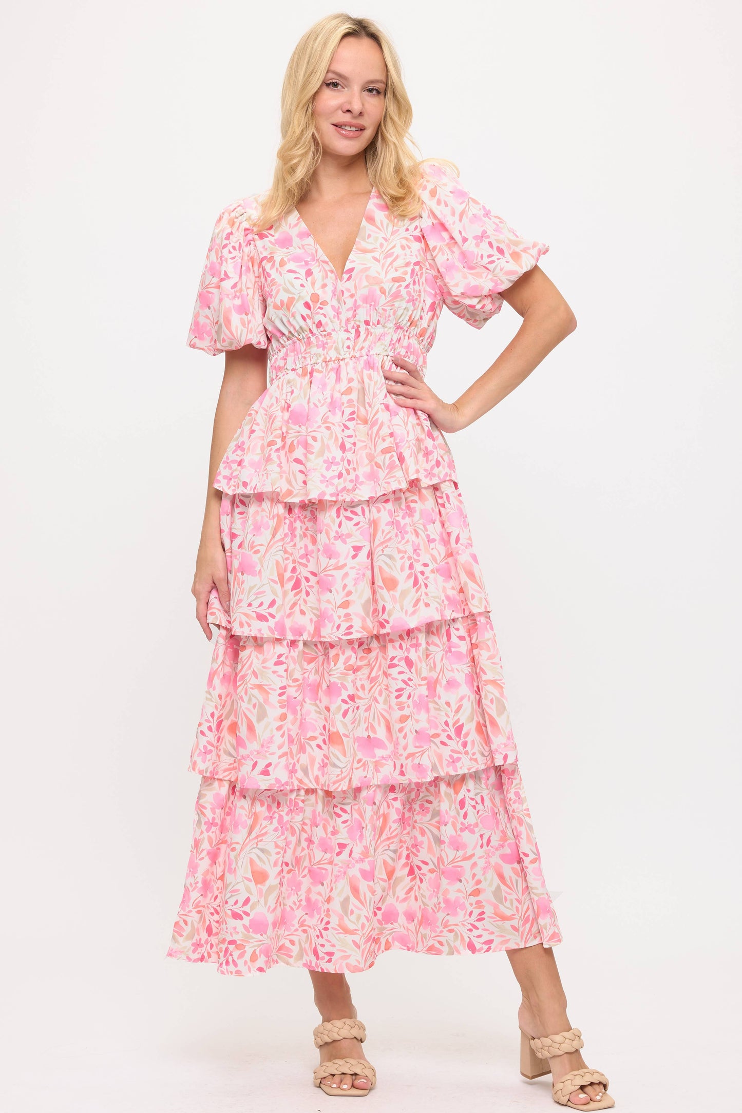 Pink Floral Tiered Maxi Dress