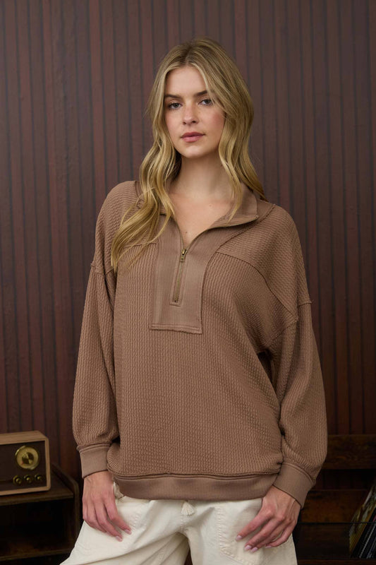 Half Zip Waffle Knit Pullover Top