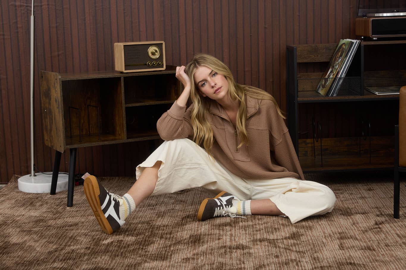 Half Zip Waffle Knit Pullover Top