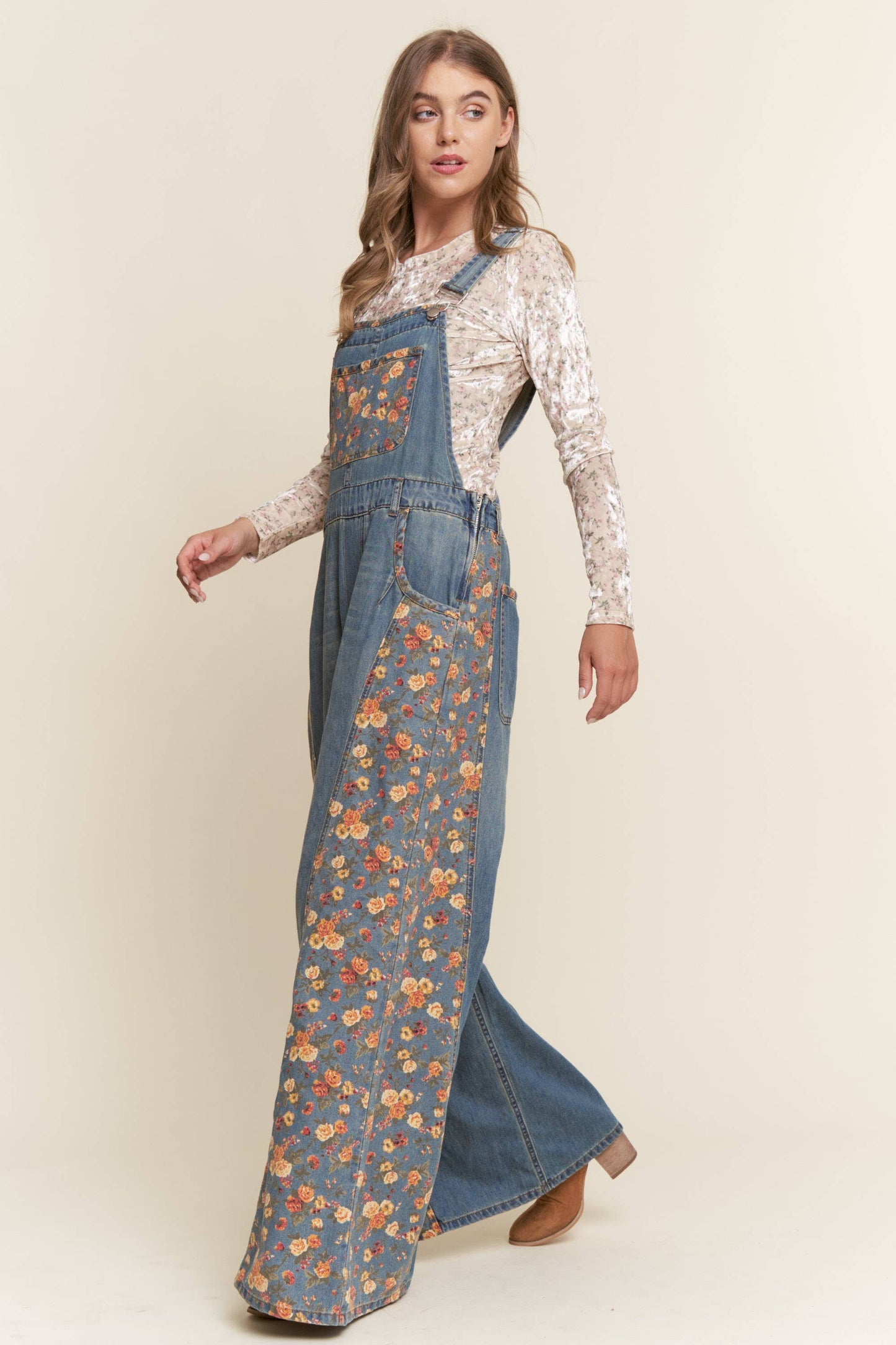 Rusty Floral Denim Overalls