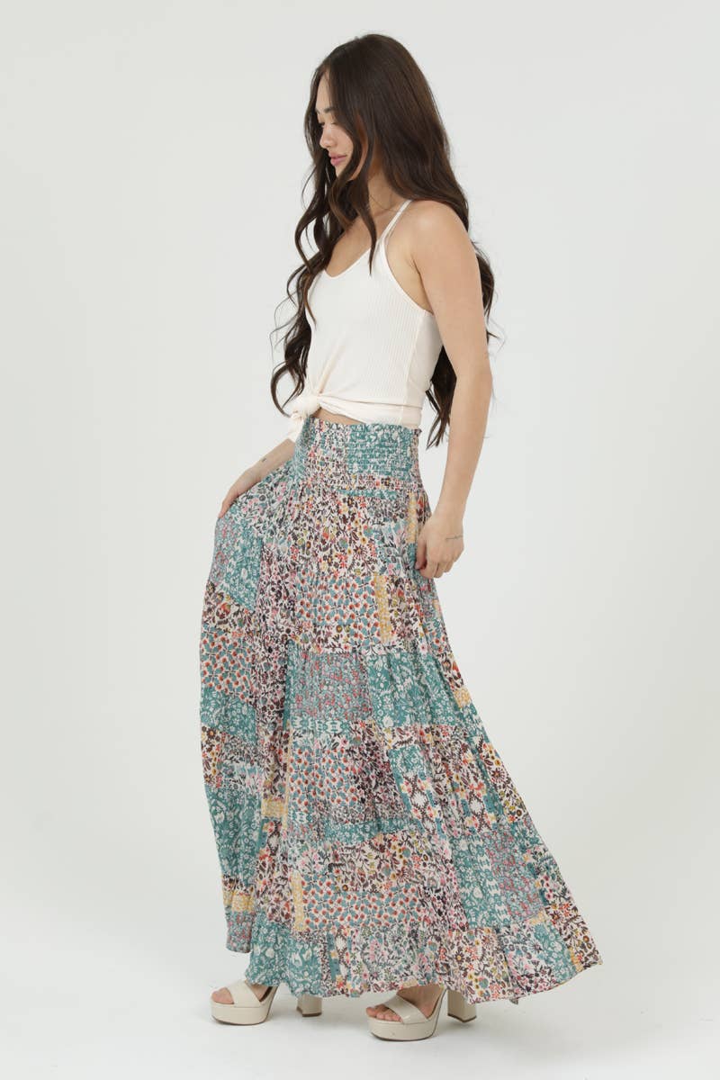 Patchwork Boho Print Maxi Skirt