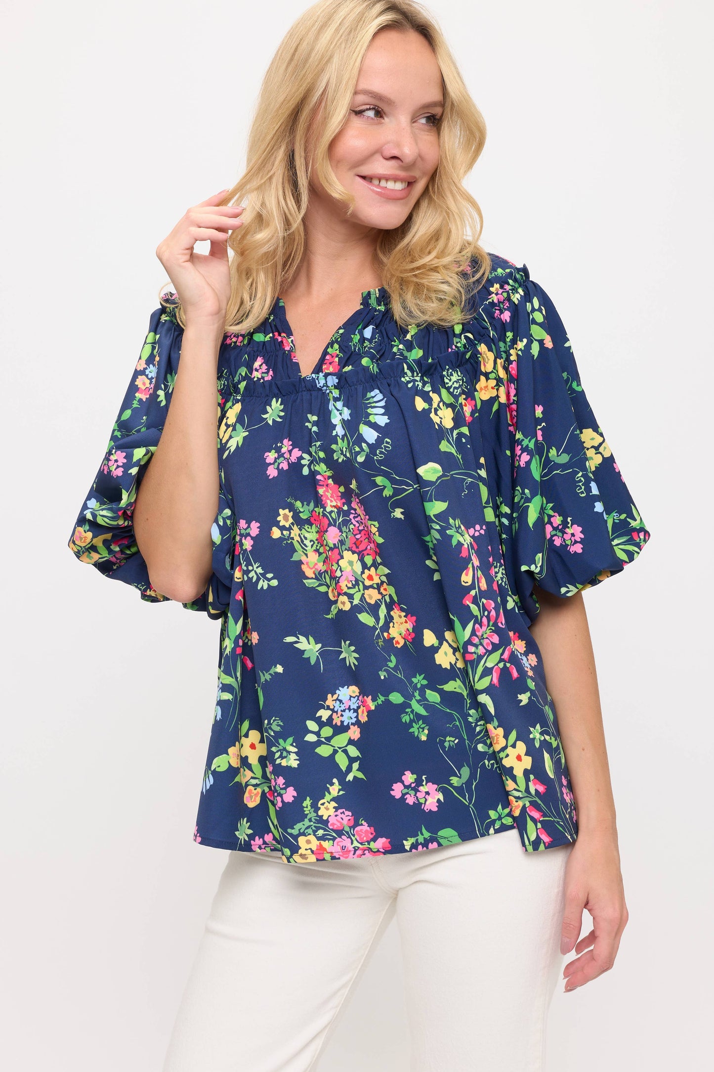 Navy Floral Blouse Top