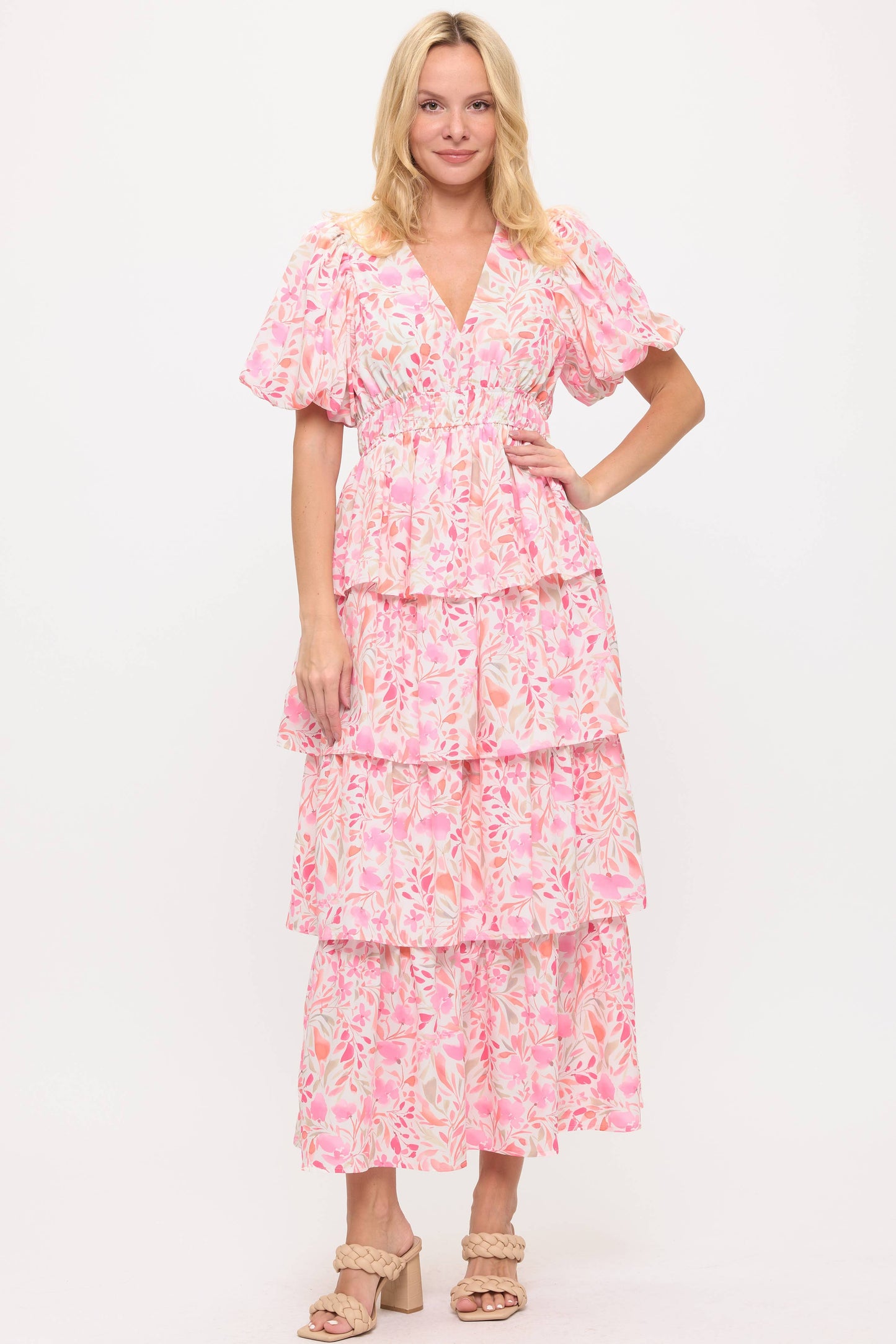 Pink Floral Tiered Maxi Dress