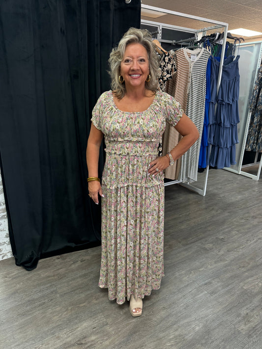 Sage Floral Smocked Maxi Dress