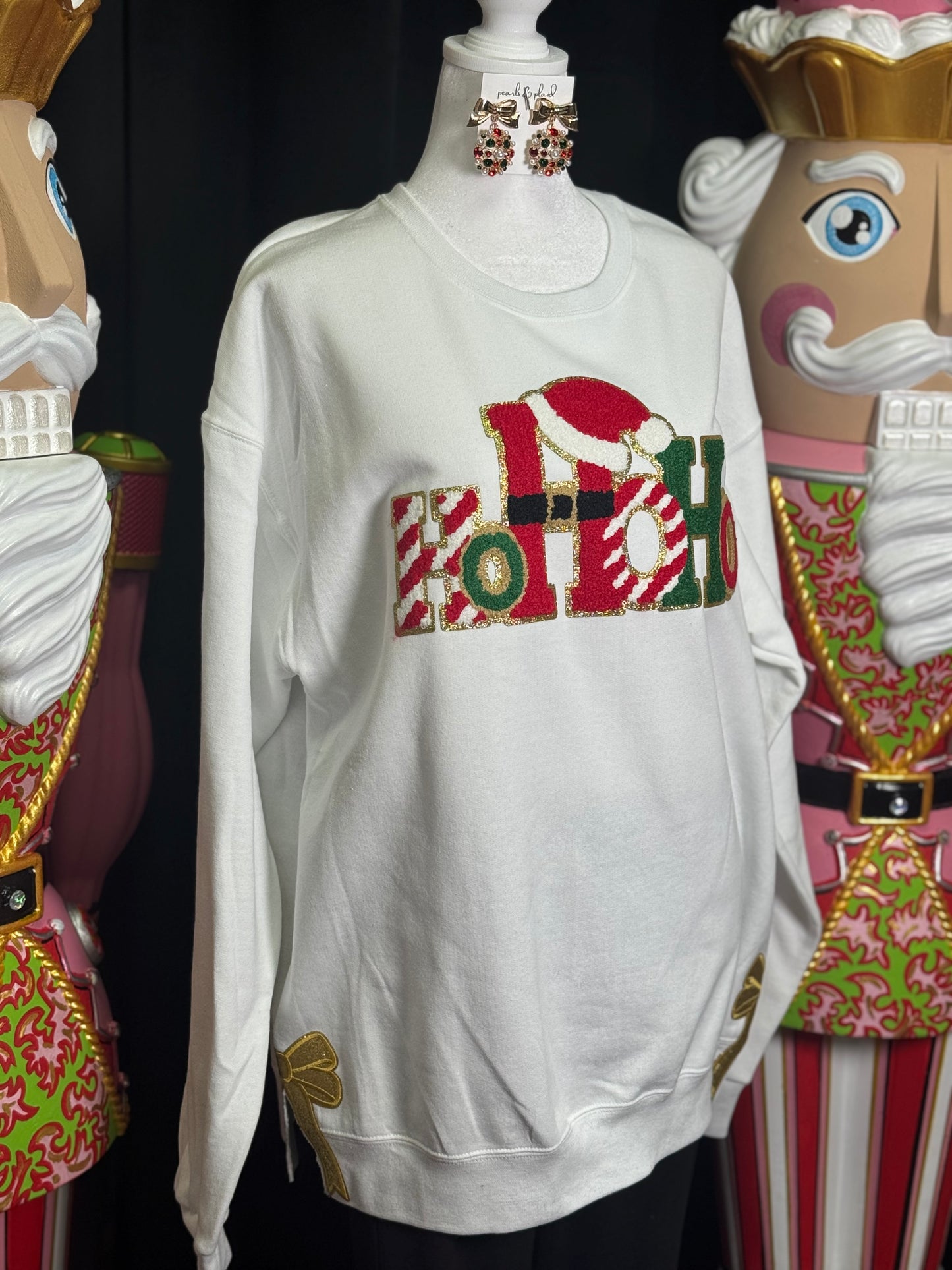 “HO HO HO” Patch & Bows Sweatshirt: DOORBUSTER