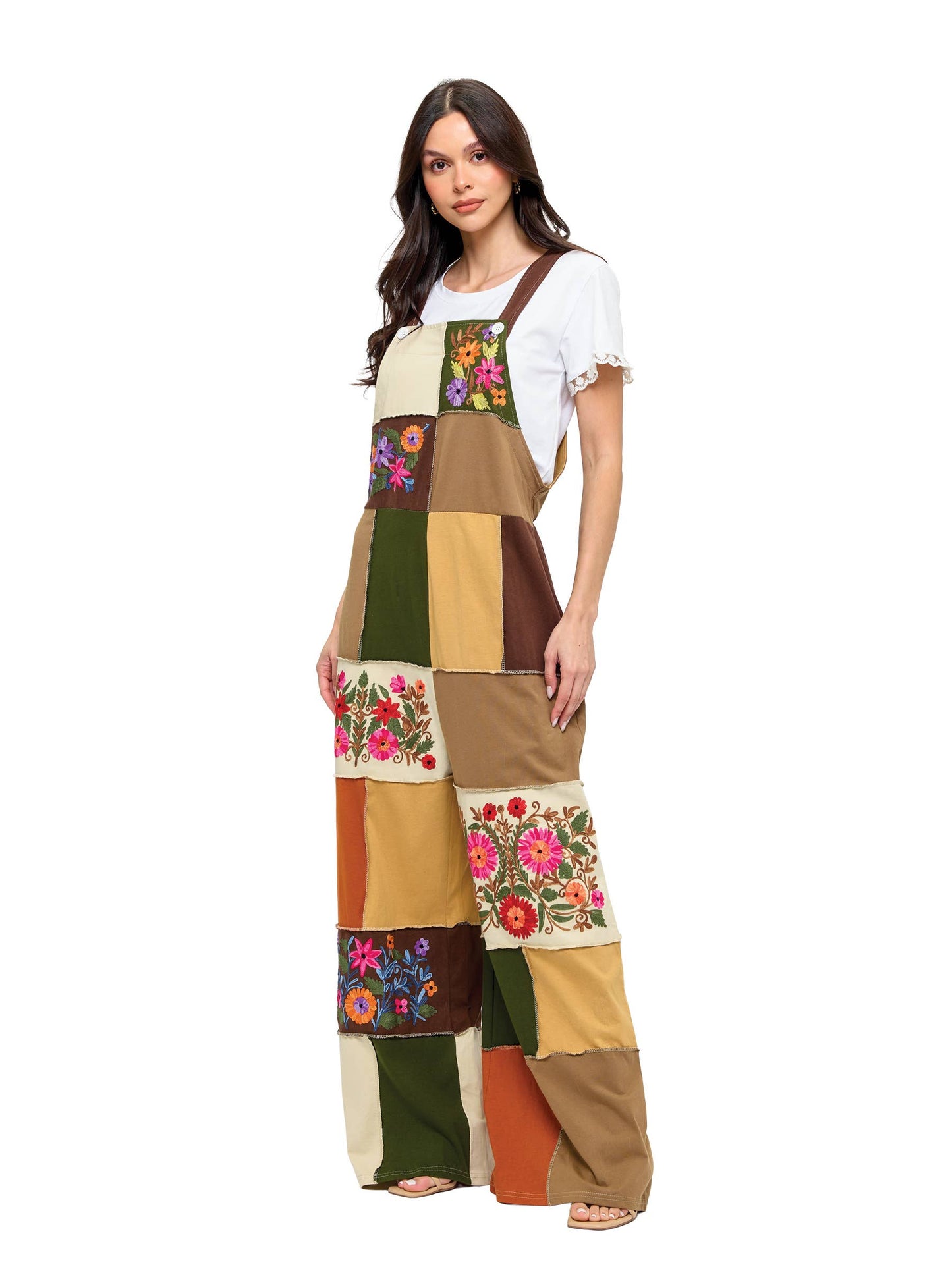 Floral Embroidered Patchwork Overalls