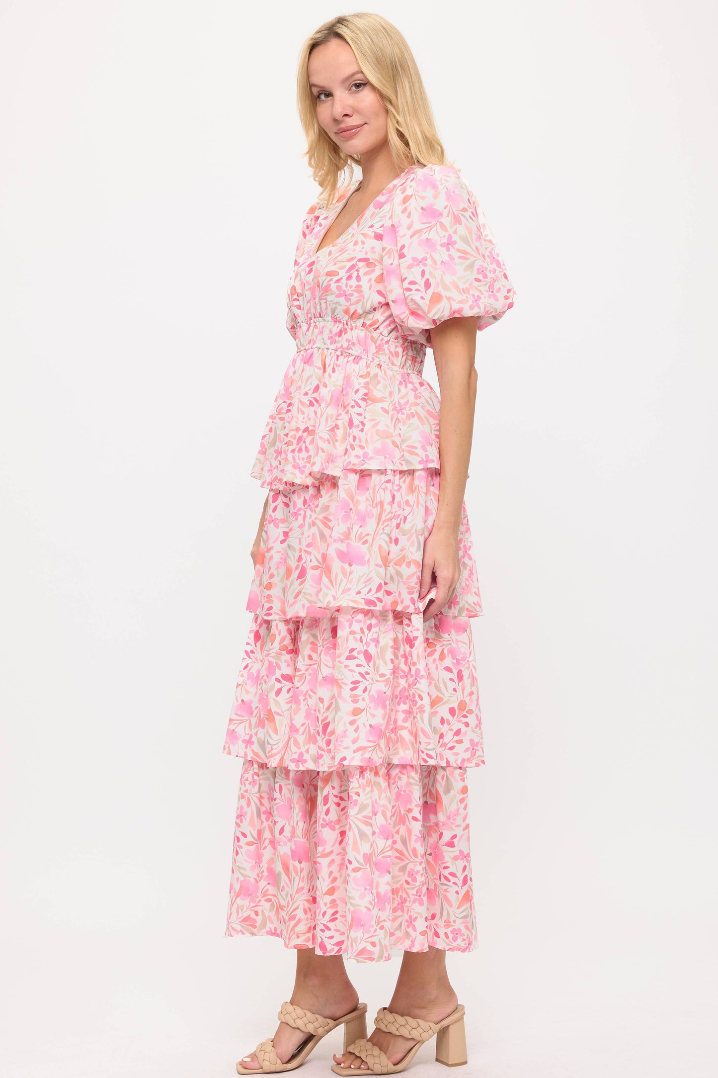 Pink Floral Tiered Maxi Dress