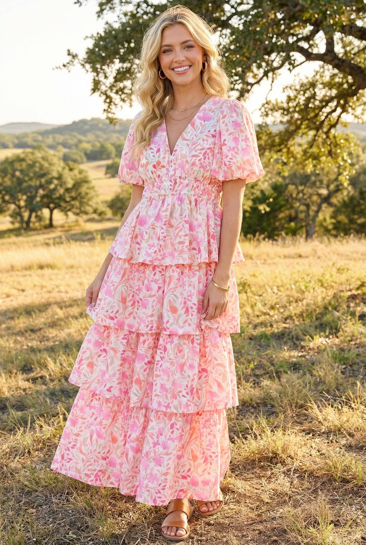 Pink Floral Tiered Maxi Dress