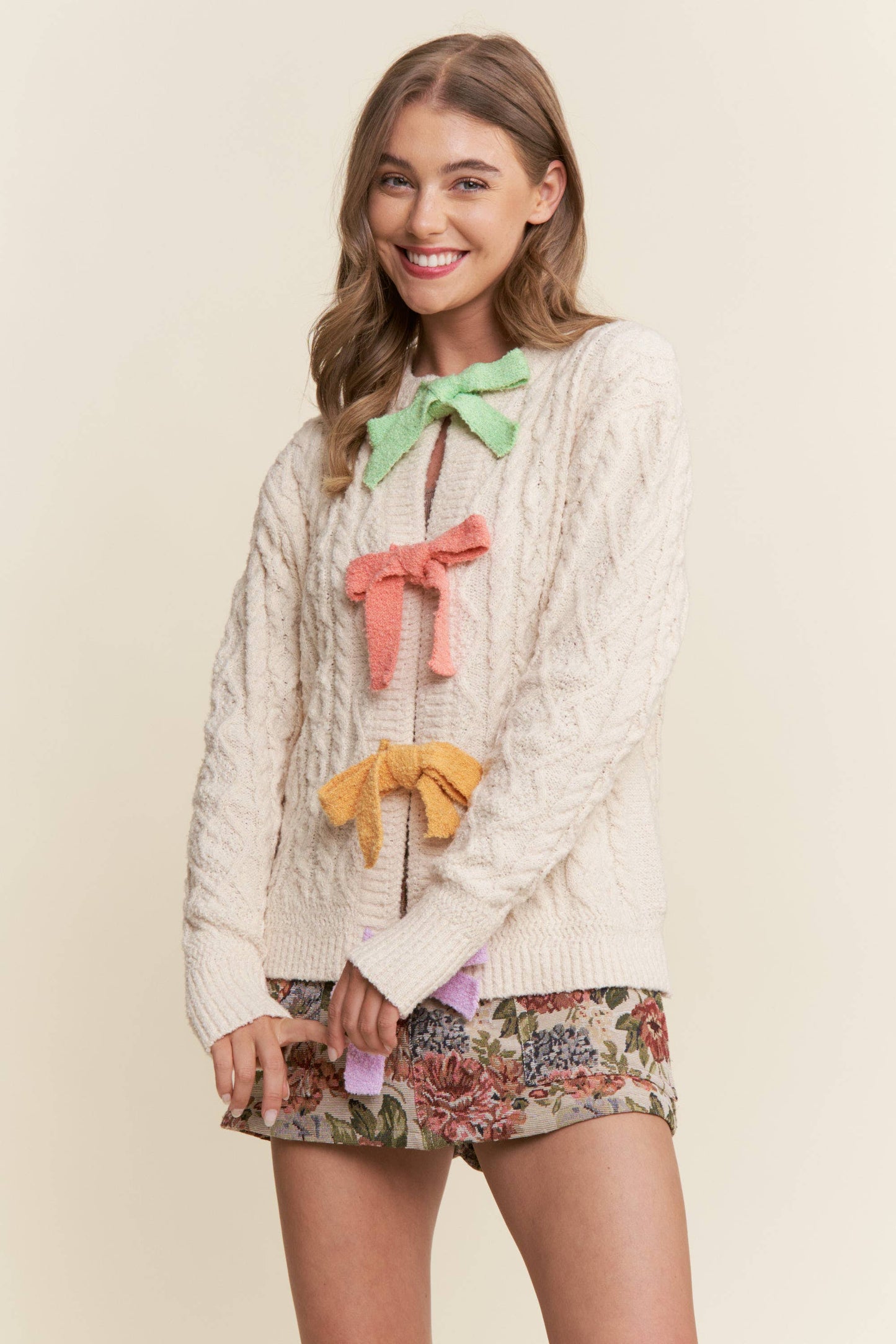 Multicolor Bow Cable Knit Cardigan