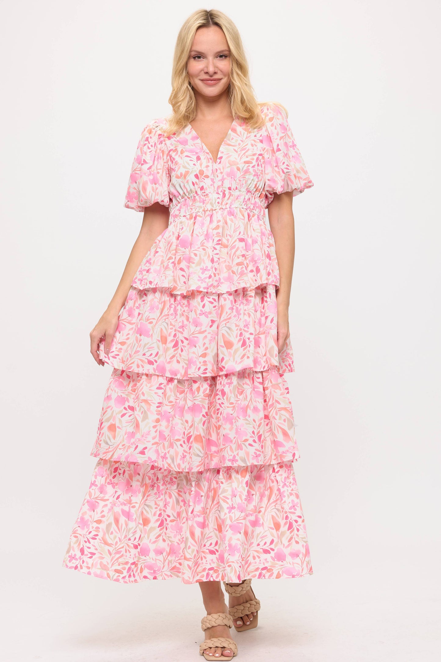 Pink Floral Tiered Maxi Dress