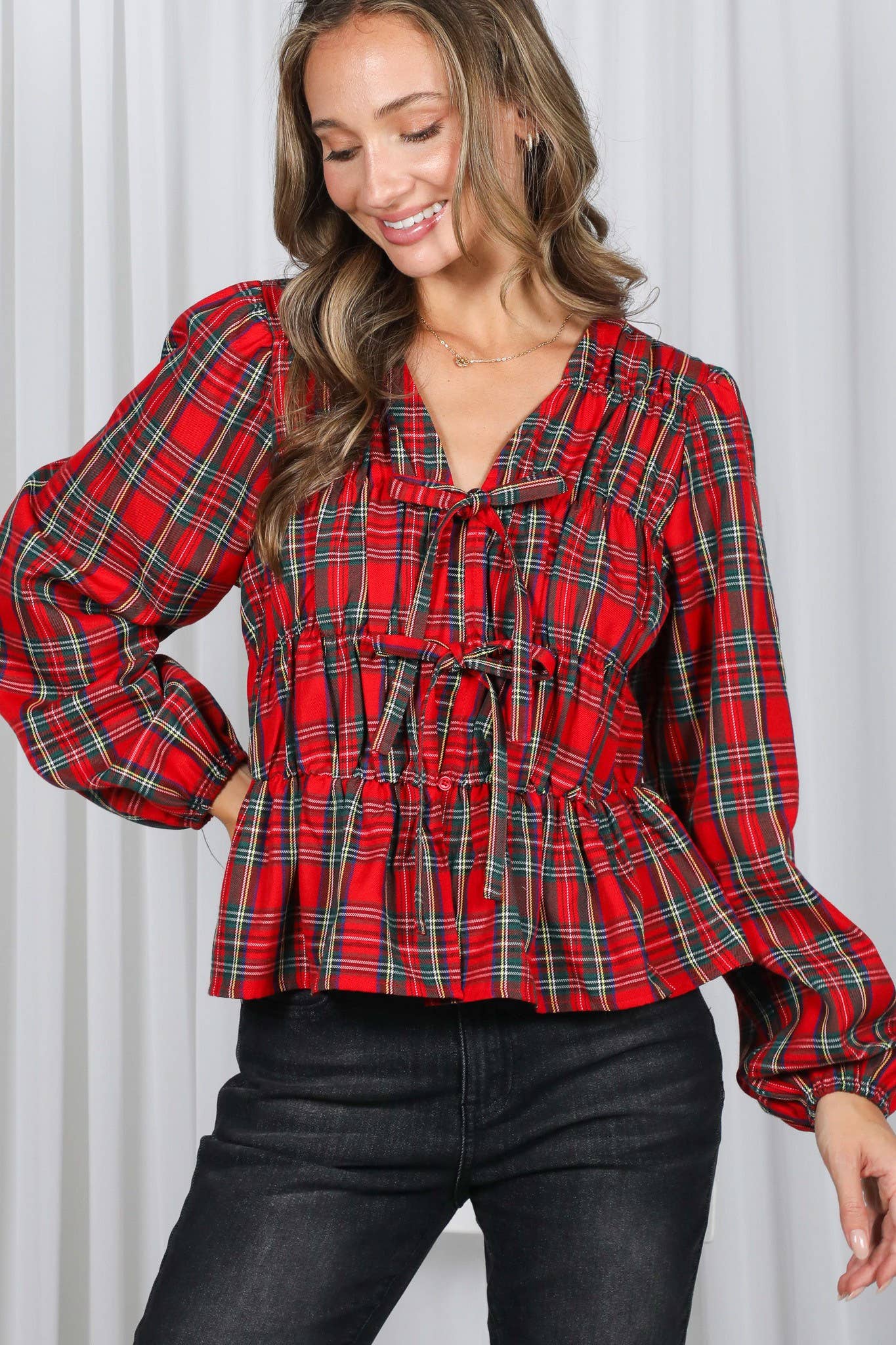 Tartan Tie Blouse Top